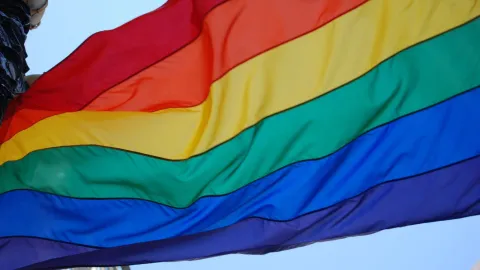 Bandera arcoíris ondeando al viento contra un cielo despejado, con sus franjas de colores rojo, naranja, amarillo, verde, azul y violeta claramente visibles.