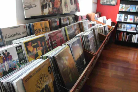 Estantería con discos de vinilo exhibidos en una tienda, con portadas visibles y ambiente interior cálido.