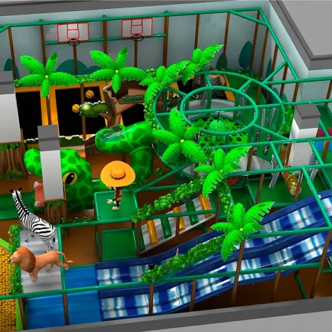 Zona de juegos infantil temática de selva con toboganes, estructuras verdes, palmeras decorativas y figuras de animales como león, cebra y serpiente.