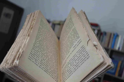  Libro antiguo abierto con páginas desgastadas y texto visible, sobre fondo desenfadado de estantería.