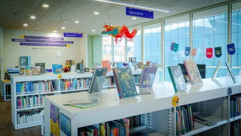 A children's library room with displayed books, organized shelves, and colorful decor, in a bright space that invites reading.