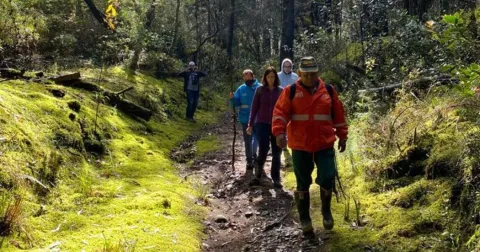 Grupo de personas recorre un sendero ecológico entre árboles y vegetación en un bosque de las montañas de Bogotá.