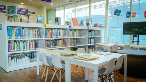A library room with shelves full of books and study tables, illuminated by large windows that create a comfortable reading environment.