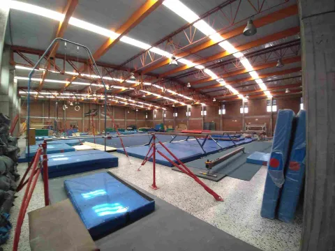  Sala de gimnasia del Coliseo Cayetano Cañizares equipada con barras, anillos, vigas de equilibrio, colchonetas y áreas de entrenamiento especializadas, diseñada para la práctica y formación de atletas en distintas disciplinas gimnásticas.