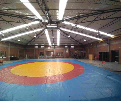 Área de entrenamiento de lucha olímpica del Coliseo Cayetano Cañizares, equipada con un amplio tapete reglamentario y espacios especializados para la preparación, formación y competencia de deportistas en disciplinas de combate.