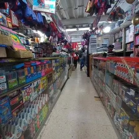  Pasillo interior de un centro comercial con locales especializados en papelería, útiles escolares y artículos de oficina. Las vitrinas repletas de productos y el constante tránsito de visitantes reflejan la amplia oferta comercial característica de San Victorino, en el centro de Bogotá.