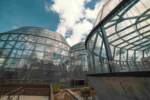 Vista del Tropicario del Jardín Botánico de Bogotá, con sus estructuras de vidrio y acero bajo el cielo abierto.
