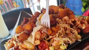 Perro caliente cargado con carne desmechada, queso, papas, salsas y otros ingredientes, servido en una presentación abundante.