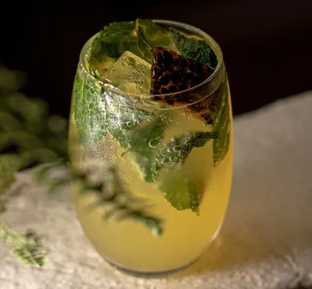  Bebida refrescante con hierbabuena, cítricos y hielo, servida en vaso de vidrio para acompañar la experiencia gastronómica.