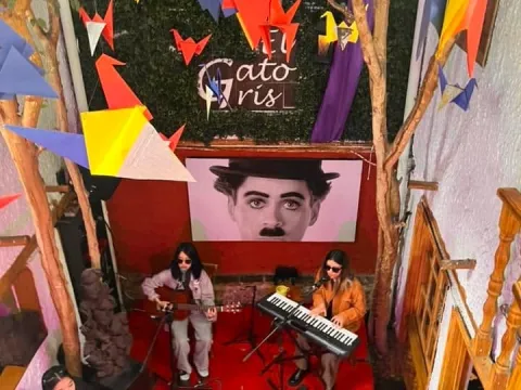 Presentación de música en vivo en El Gato Gris, con dos artistas tocando guitarra y teclado.
