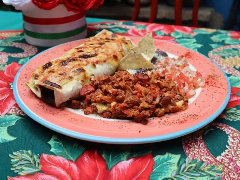 Plato de tacos con carne, chorizo, frijoles, pico de gallo y totopos, acompañado de un burrito gratinado.