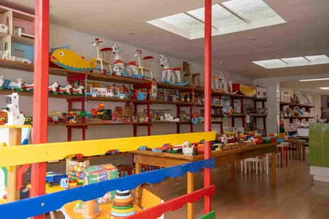 La imagen muestra el interior de una colorida juguetería, con estanterías repletas de juguetes tradicionales, juegos didácticos y figuras de madera. El espacio, iluminado por tragaluces y organizado alrededor de mesas y exhibidores, transmite un ambiente alegre y familiar.
