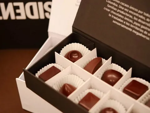 Caja de chocolates artesanales con piezas de diferentes formas y acabados.