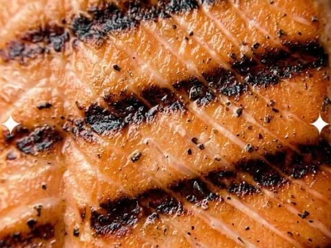 Primer plano de un filete de pescado a la parrilla, con marcas de cocción, textura jugosa y un acabado dorado y especiado.