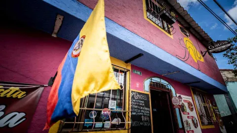 Acercamiento a la fachada que muestra la bandera colombiana y un mural distintivo de silueta felina sobre la pared rosa.