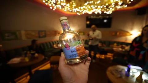 Mano sosteniendo una botella de ginebra artesanal Gin Garden House Garden en primer plano dentro del bar. 