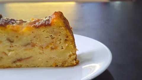 Primer plano de una porción de torta horneada de textura suave servida sobre un plato blanco. 