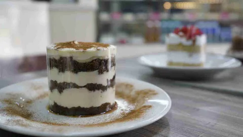 Un postre de tiramisú en capas, servido en un plato blanco espolvoreado con canela, con otro postre de fresa de fondo. 