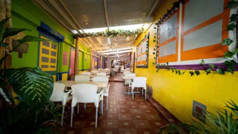 Pasillo interior del restaurante Sazón Costeño con paredes amarillas y verdes, mesas blancas y plantas.