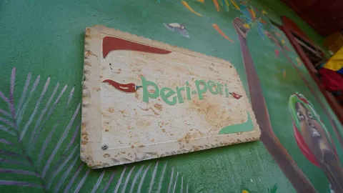 Placa de madera rústica tallada con el nombre del restaurante Peri Peri sobre una pared pintada de verde. 