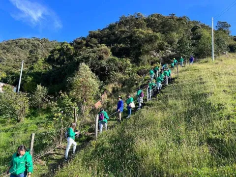 Visitantes recorren un sendero en medio de la montaña y la vegetación, disfrutando de una caminata por el entorno natural.