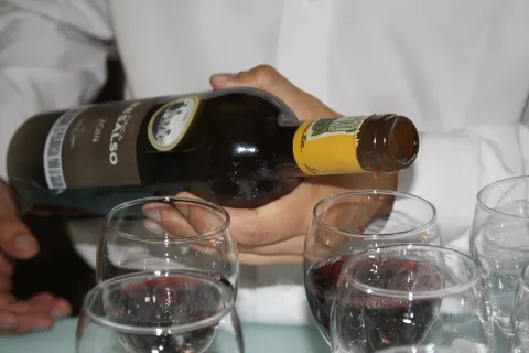 Persona sirviendo vino tinto en copas durante una degustación.