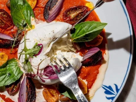 Burrata cremosa con salsa de tomate, tomates asados, cebolla y hojas frescas.