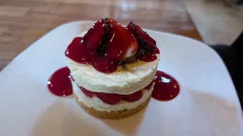 Postre cremoso con frutos rojos, servido sobre una base de galleta.