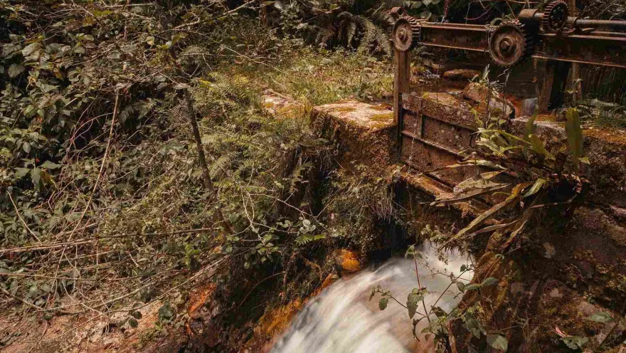 Sendero San Francisco - Vicachá profusa caída de agua sobre puente metálico rodeado de vegetación.