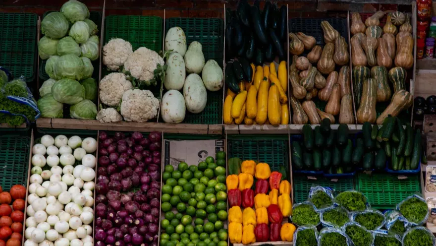 Esta imagen muestra un puesto de verduras en un mercado local, donde una gran variedad de productos frescos están organizados en cajones de madera. Se pueden ver coloridas columnas de lechugas, coliflores, calabazas, pepinos, tomates, cebollas moradas y verdes, limones, pimentones y otras verduras. La abundancia y la frescura de los productos resaltan la riqueza de la agricultura local, ofreciendo una visión colorida y apetitosa de la vida del mercado.