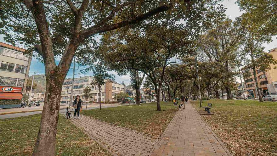 Esta fotografía muestra el parque del Park Way. El espacio, rodeado de árboles frondosos y senderos de ladrillo, se ve animado por la presencia de personas paseando a sus perros y disfrutando del aire libre. Los edificios de ladrillo y hormigón se asoman en el fondo, mezclando la naturaleza con la arquitectura urbana. 