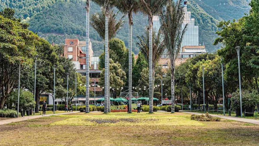 Esta imagen panorámica muestra una vista del Parque de la 93 y su entorno urbano. En el centro, un grupo de altas palmeras se alza sobre el sendero principal del parque, con las imponentes montañas de fondo. El parque, con su amplia zona verde y caminos arbolados, es un respiro en la ciudad. Al fondo, edificios modernos y rascacielos se asoman entre la vegetación, lo que demuestra la mezcla de naturaleza y desarrollo urbano que caracteriza a este emblemático lugar de Bogotá.