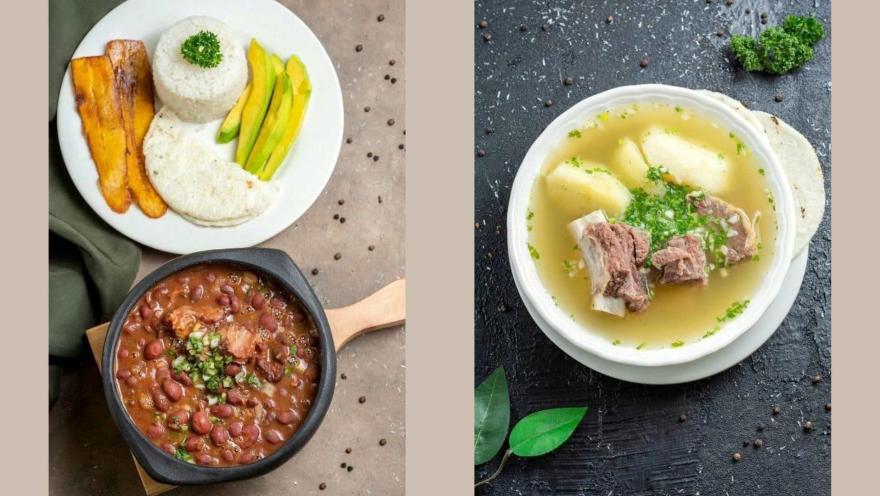  Platos de caldo de costilla y frijolada con arroz, plátano y aguacate.