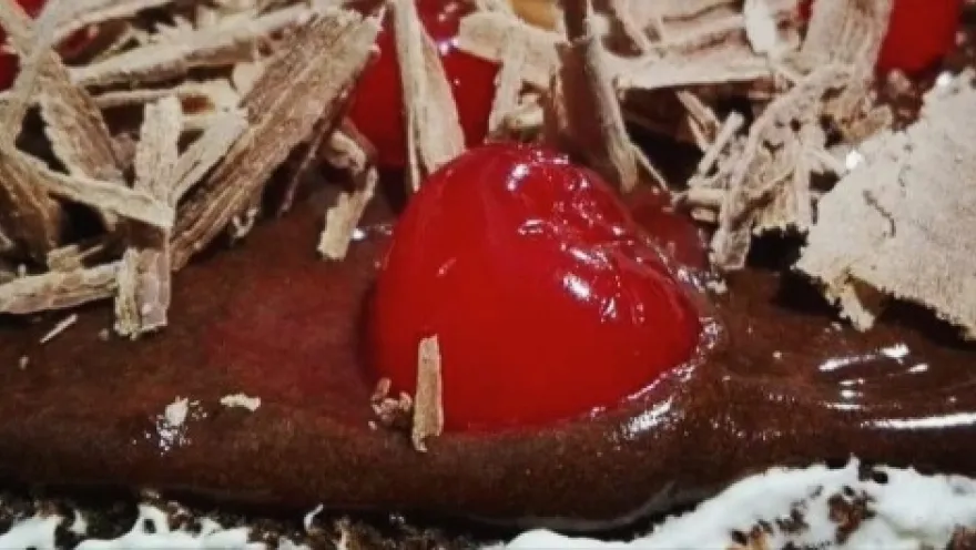 A slice of chocolate cake with cherries.