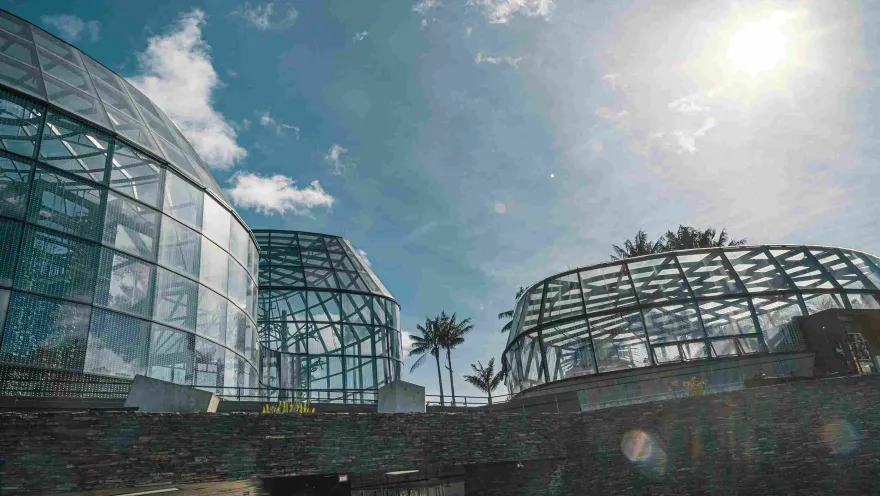 Three giant glass structures, like vaults, seen from below. The sky is blue with rays of sunlight.