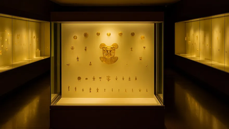 Interior del Museo del Oro en un salón oscuro en donde se iluminan piezas doradas en una vitrina.