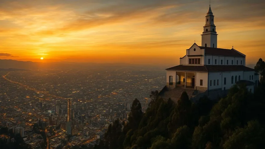 Fachada digitalizada de la iglesia de Monserrate en la cima de una montaña, en un atardecer con la ciudad abajo y al fondo el sol.