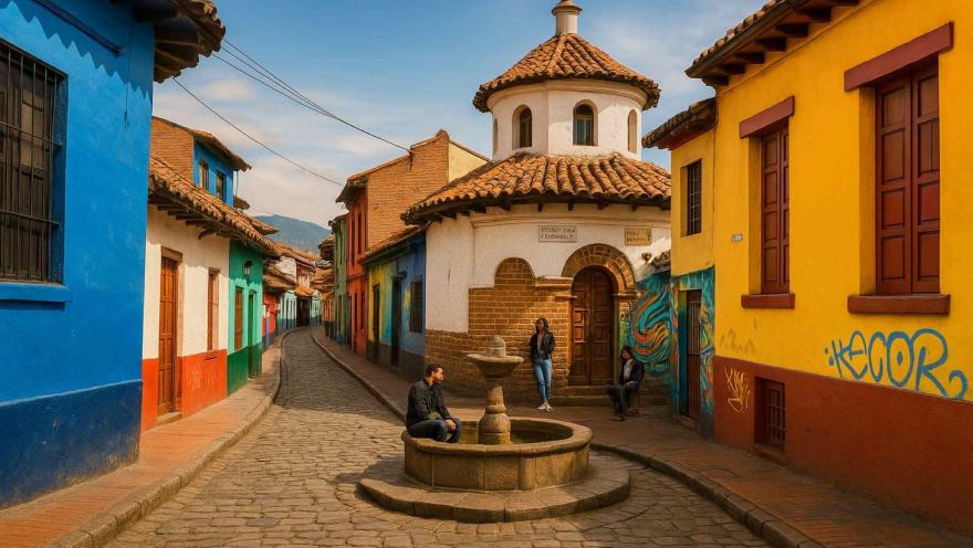 Pasaje digitalizado con un camino en piedra rodeado con casas de colores y una pila en la mitad del camino en la que hay sentado un hombre joven. Dos mujeres lo observan desde cerca. 