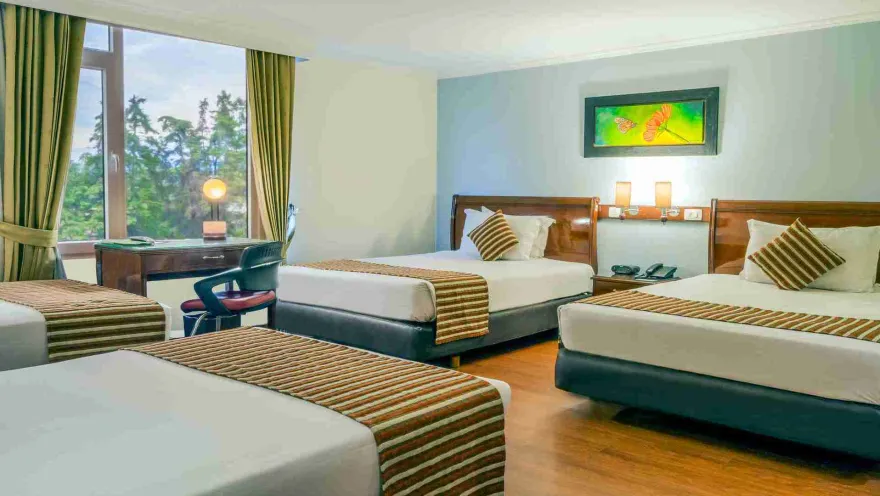 Un dormitorio triple amplio con tres camas individuales, grandes ventanas con vistas al exterior y una decoración en tonos azules y madera.