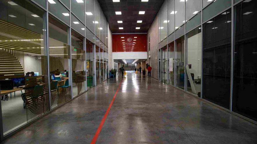 A long interior hallway lined with offices.