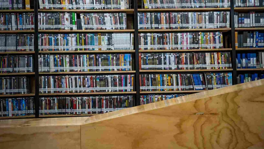 A large bookshelf filled with boxes containing what appear to be DVDs.