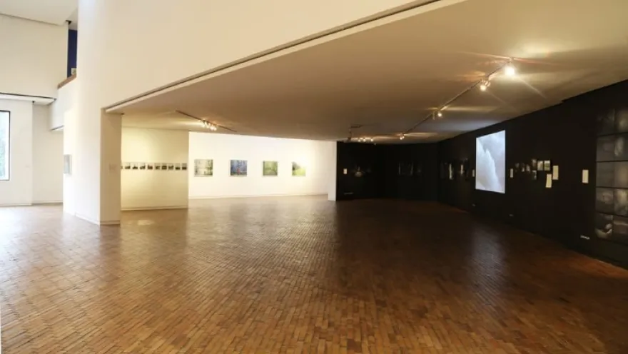Interior room with a brick floor and several paintings on the black and white walls."