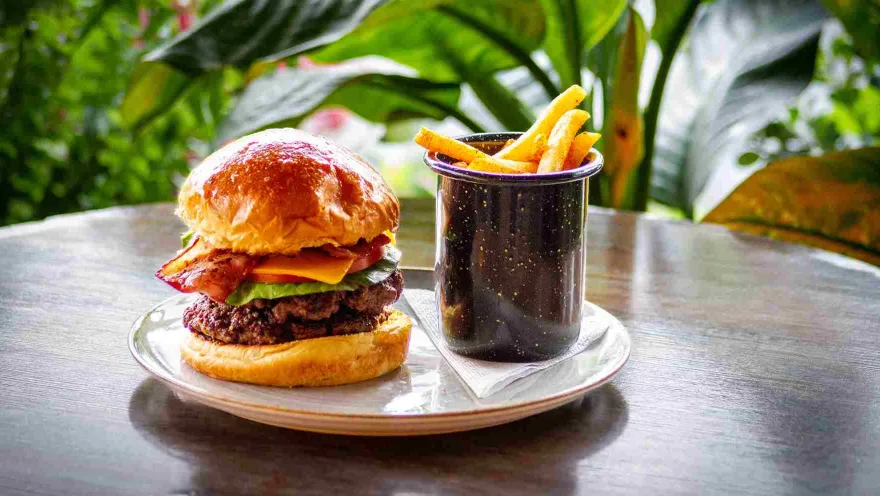Una apetitosa hamburguesa doble con queso y tocino, acompañada de papas fritas en un recipiente esmaltado.