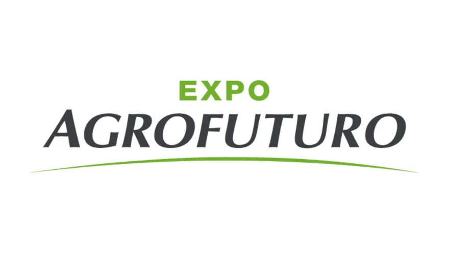 Logo de "Expo Agrofuturo" en tonos verdes y grises, con una línea ascendente que simboliza crecimiento.