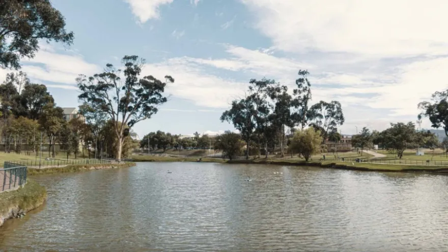 A tranquil lake in an urban park, surrounded by tall trees and green areas. Pedestrian paths and metal railings are visible along the sides, with buildings in the distance under a partly cloudy sky.