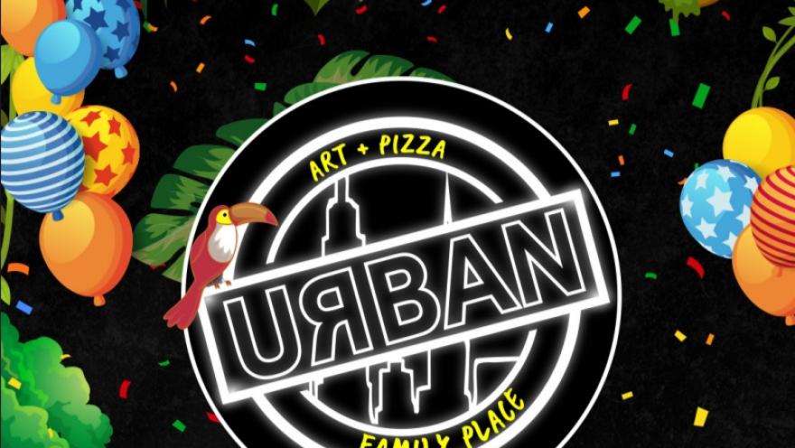 Graphic image with the “URBAN Family Place” logo in the center, surrounded by illustrations of balloons, tropical leaves, a toucan, and confetti on a dark background.