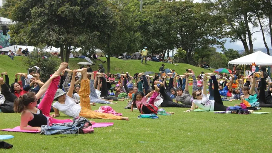Grupo de personas practicando ejercicio y estiramientos en un parque, sobre colchonetas al aire libre.
