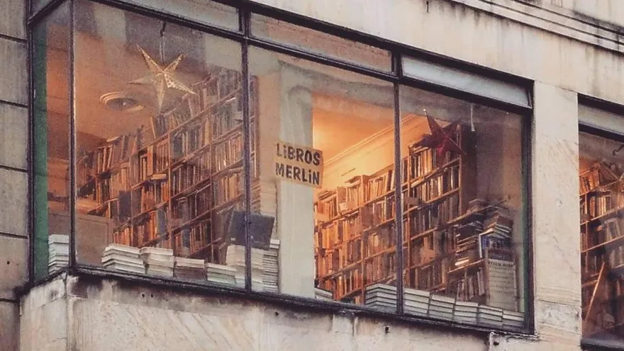 Exterior window overlooking the Merlin Bookstore with shelves full of books, warmly lit from within.