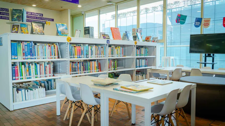 A library room with shelves full of books and study tables, illuminated by large windows that create a comfortable reading environment.