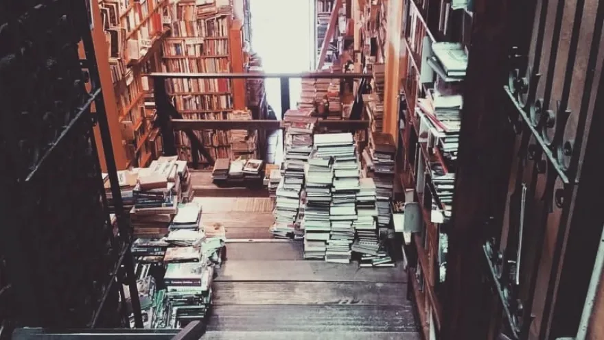 Wooden stairs leading down to a bookstore full of shelves and stacks of books, illuminated by natural light in the background.